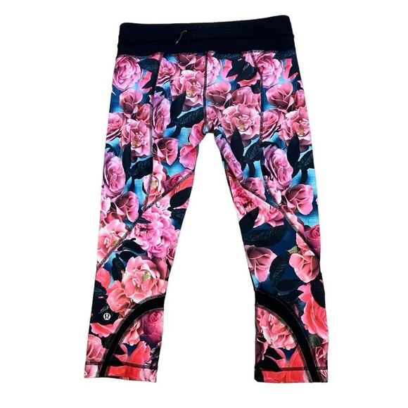 Lululemon Pink Black Rose Print Cropped Ankle Leggings Size 8 - Picture 3 of 5